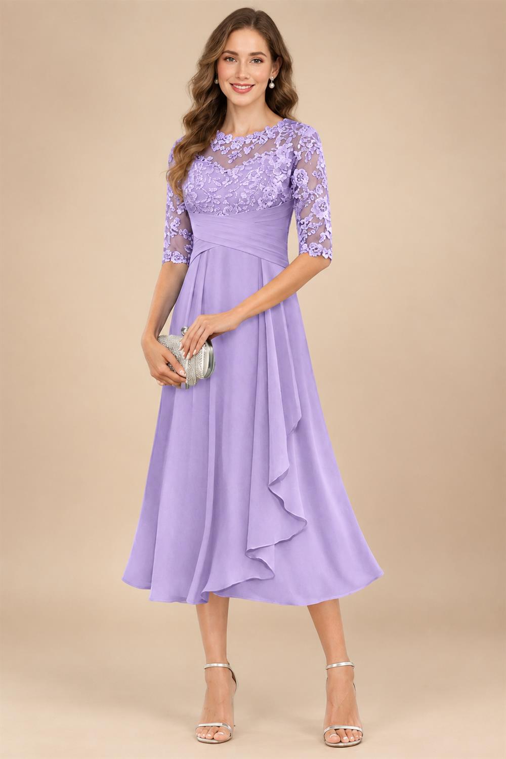 A-Line/Princess Scoop Illusion Lace Appliques Tea-Length Mother of the Bride Dresses with Pleated Ruffle (SHI22500105)