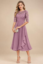 A-Line/Princess Scoop Illusion Lace Appliques Tea-Length Mother of the Bride Dresses with Pleated Ruffle (SHI22500105)