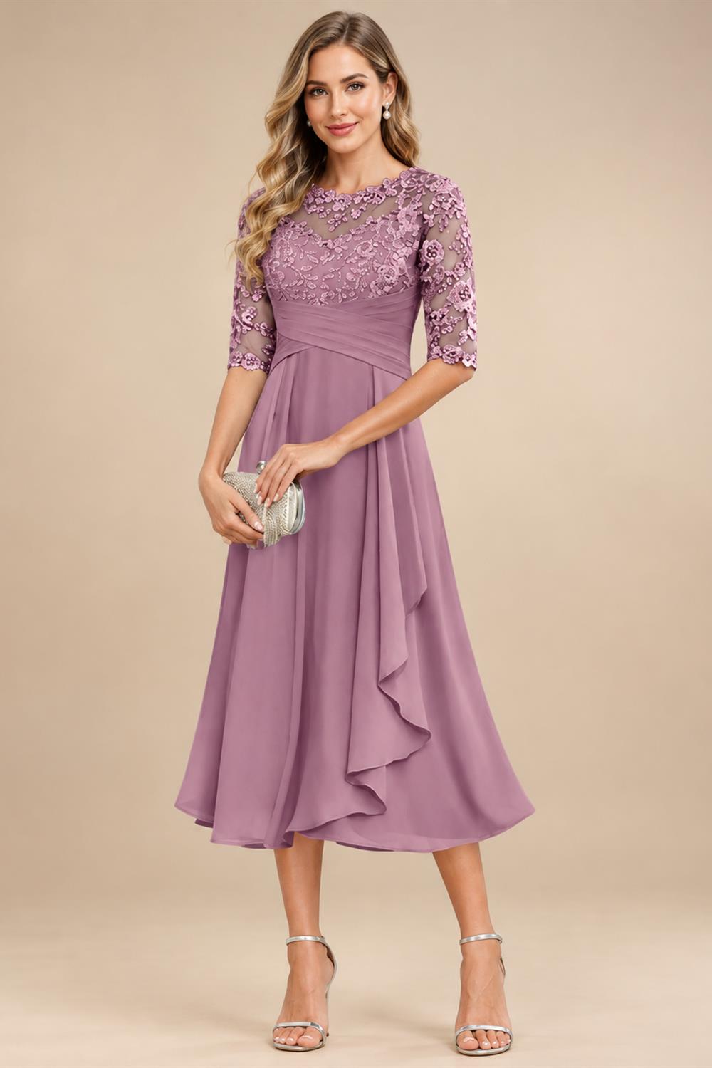 A-Line/Princess Scoop Illusion Lace Appliques Tea-Length Mother of the Bride Dresses with Pleated Ruffle (SHI22500105)