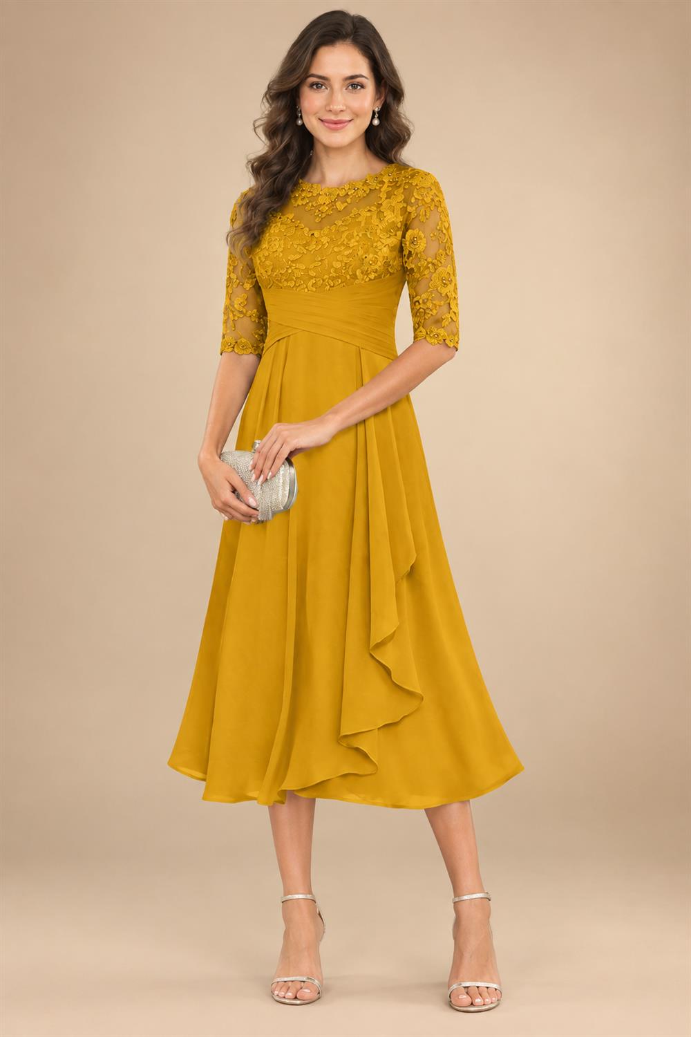 A-Line/Princess Scoop Illusion Lace Appliques Tea-Length Mother of the Bride Dresses with Pleated Ruffle (SHI22500105)