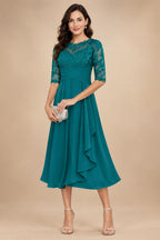 A-Line/Princess Scoop Illusion Lace Appliques Tea-Length Mother of the Bride Dresses with Pleated Ruffle (SHI22500105)