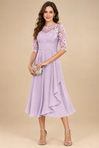 A-Line/Princess Scoop Illusion Lace Appliques Tea-Length Mother of the Bride Dresses with Pleated Ruffle (SHI22500105)