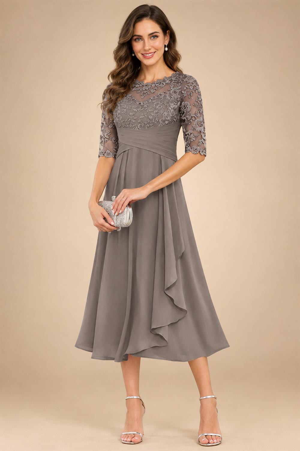 A-Line/Princess Scoop Illusion Lace Appliques Tea-Length Mother of the Bride Dresses with Pleated Ruffle (SHI22500105)