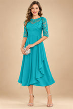 A-Line/Princess Scoop Illusion Lace Appliques Tea-Length Mother of the Bride Dresses with Pleated Ruffle (SHI22500105)