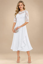 A-Line/Princess Scoop Illusion Lace Appliques Tea-Length Mother of the Bride Dresses with Pleated Ruffle (SHI22500105)