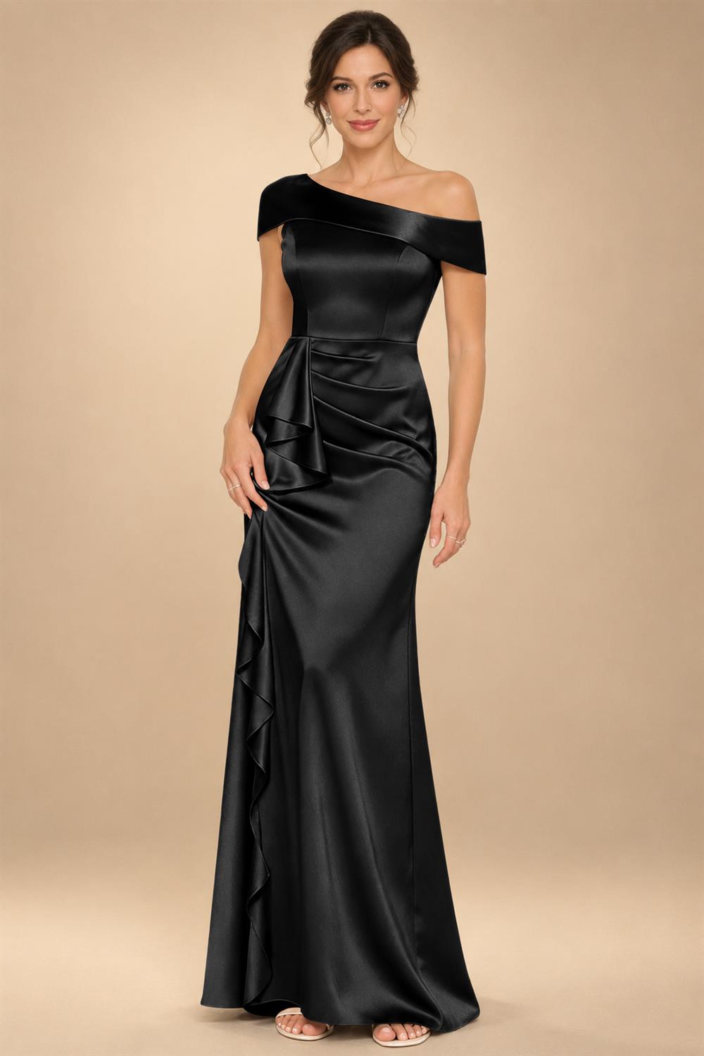 Sheath/Column Asymmetrical Pleated Satin Floor-Length Mother of the Bride Dresses with Ruffle (SHI22500107)