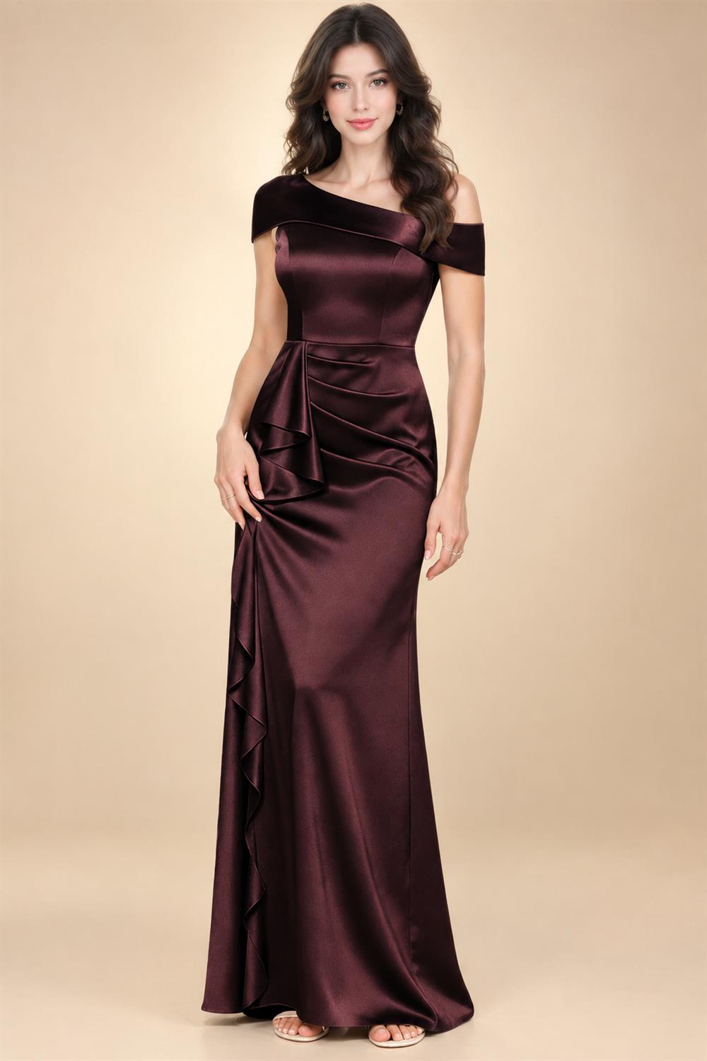 Sheath/Column Asymmetrical Pleated Satin Floor-Length Mother of the Bride Dresses with Ruffle (SHI22500107)