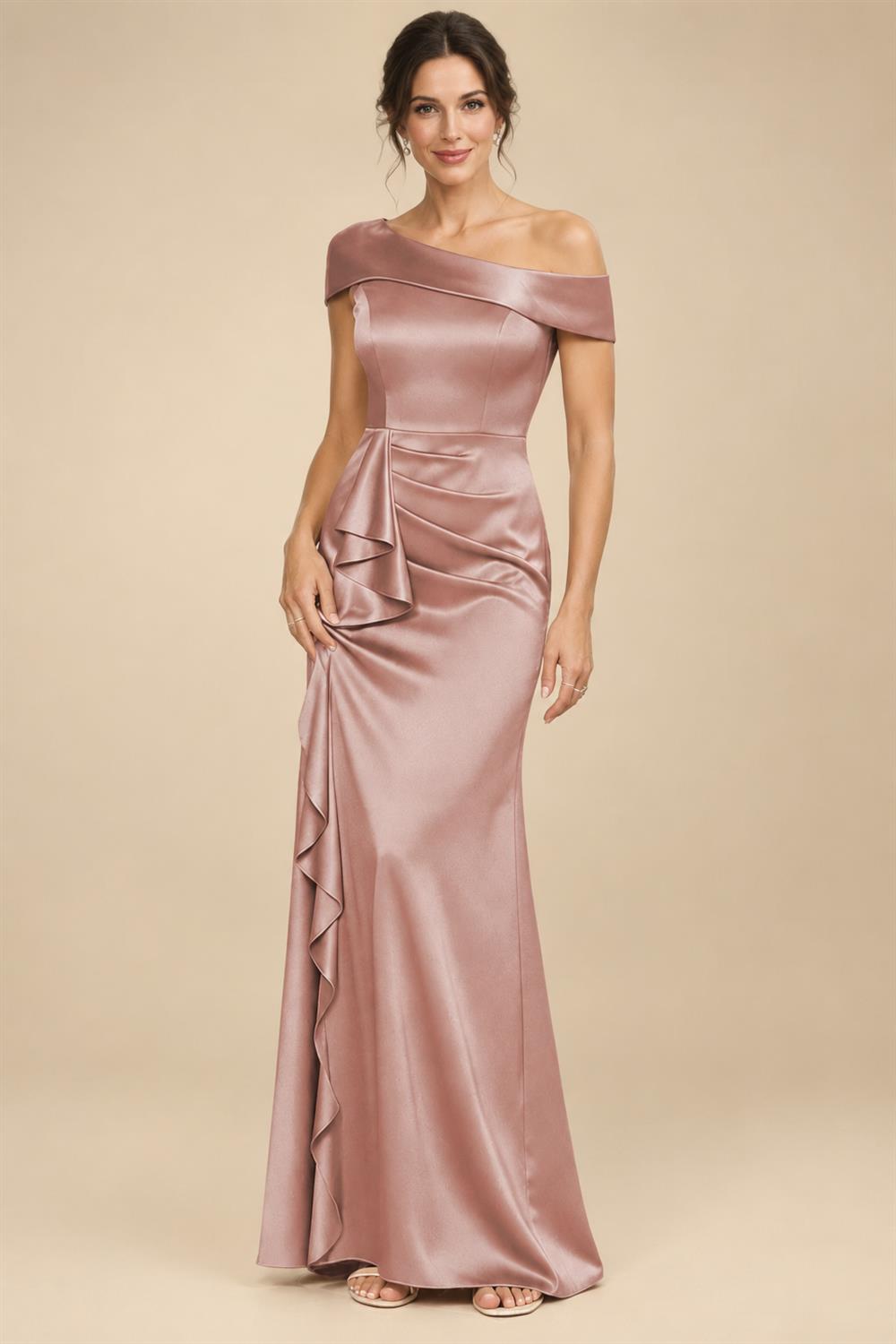 Sheath/Column Asymmetrical Pleated Satin Floor-Length Mother of the Bride Dresses with Ruffle (SHI22500107)
