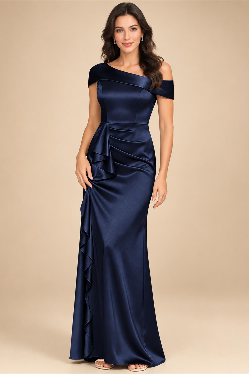 Sheath/Column Asymmetrical Pleated Satin Floor-Length Mother of the Bride Dresses with Ruffle (SHI22500107)