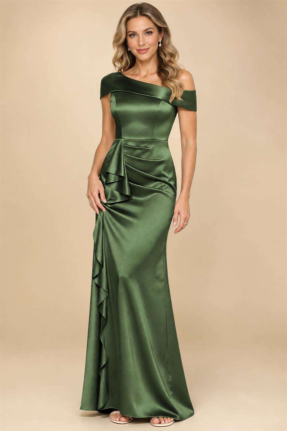 Sheath/Column Asymmetrical Pleated Satin Floor-Length Mother of the Bride Dresses with Ruffle (SHI22500107)