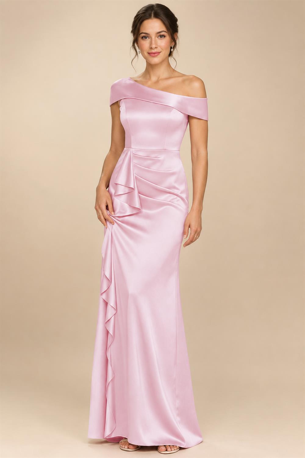 Sheath/Column Asymmetrical Pleated Satin Floor-Length Mother of the Bride Dresses with Ruffle (SHI22500107)