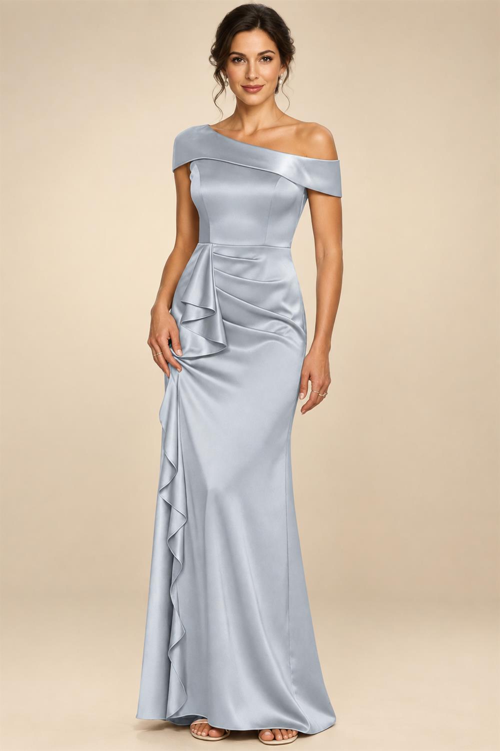 Sheath/Column Asymmetrical Pleated Satin Floor-Length Mother of the Bride Dresses with Ruffle (SHI22500107)
