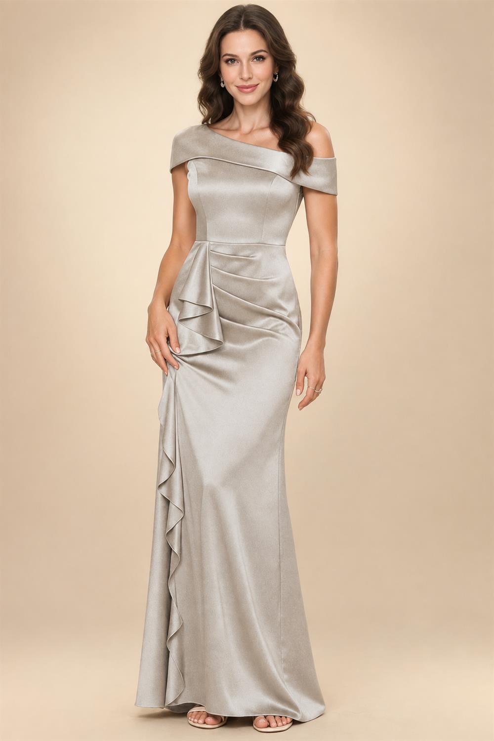 Sheath/Column Asymmetrical Pleated Satin Floor-Length Mother of the Bride Dresses with Ruffle (SHI22500107)