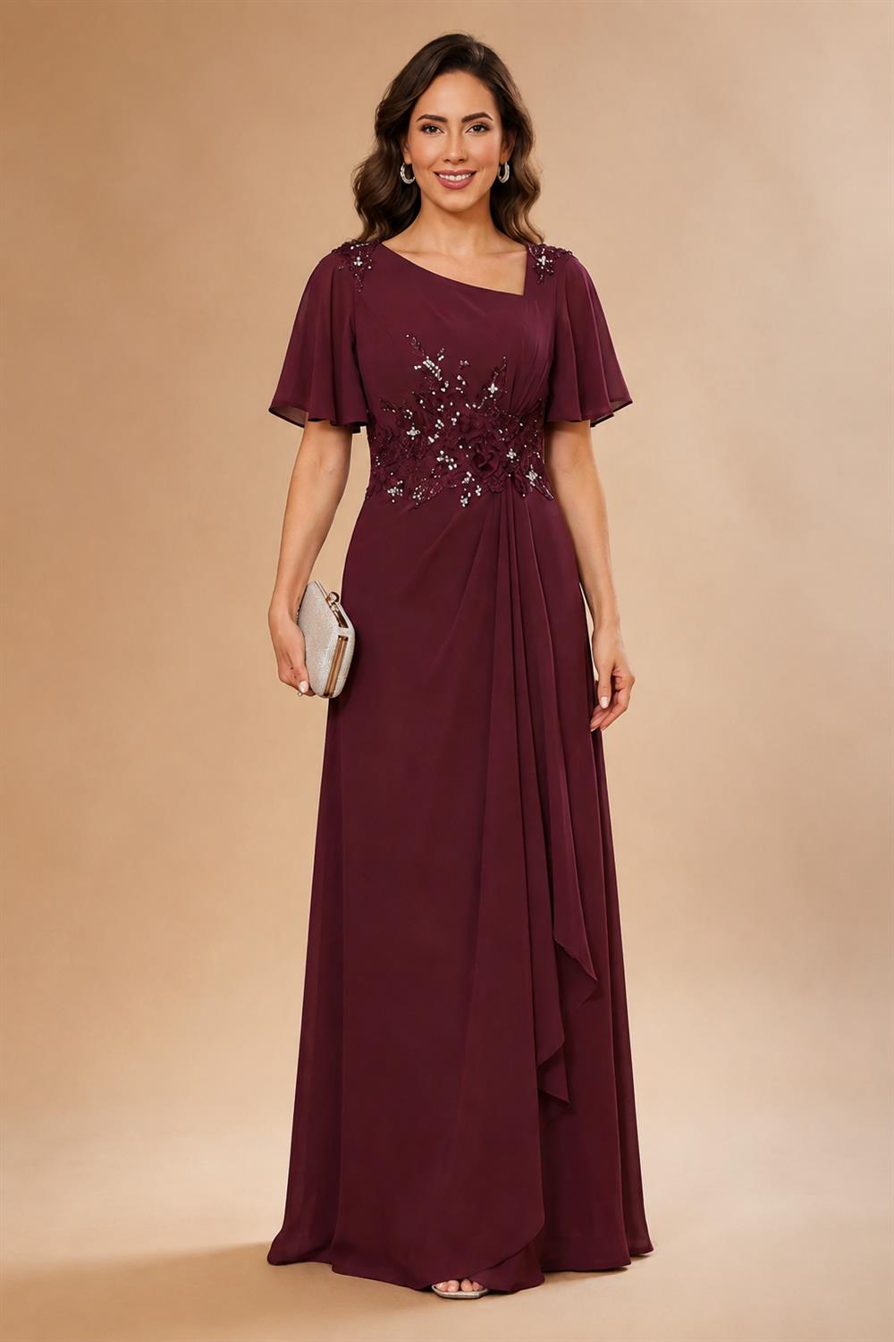 A-Line Chiffon Cape Sleeves Floor-Length Mother of the Bride & Groom Dresses with Floral Sequin Bodice (SHI22500691)