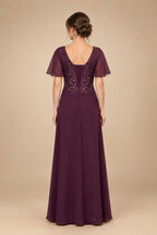 A-Line Chiffon Cape Sleeves Floor-Length Mother of the Bride & Groom Dresses with Floral Sequin Bodice (SHI22500691)