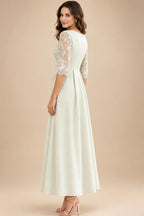 A-Line Metallic Satin Off Shoulder Bow Mother of the Bride & Groom Dresses with Floral Lace Appliques, Ruched Waist & Sweep Train (SHI22500425)