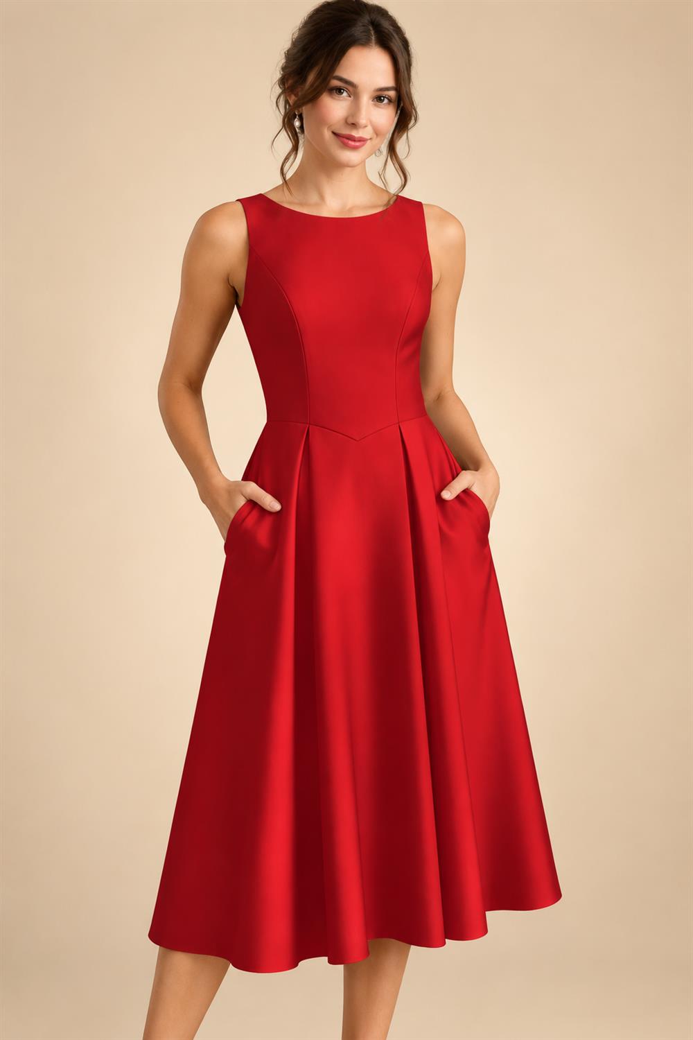 A-Line/Princess Scoop Neck Satin Tea-Length Mother of the Bride Dresses with Pockets (SHI22500122)