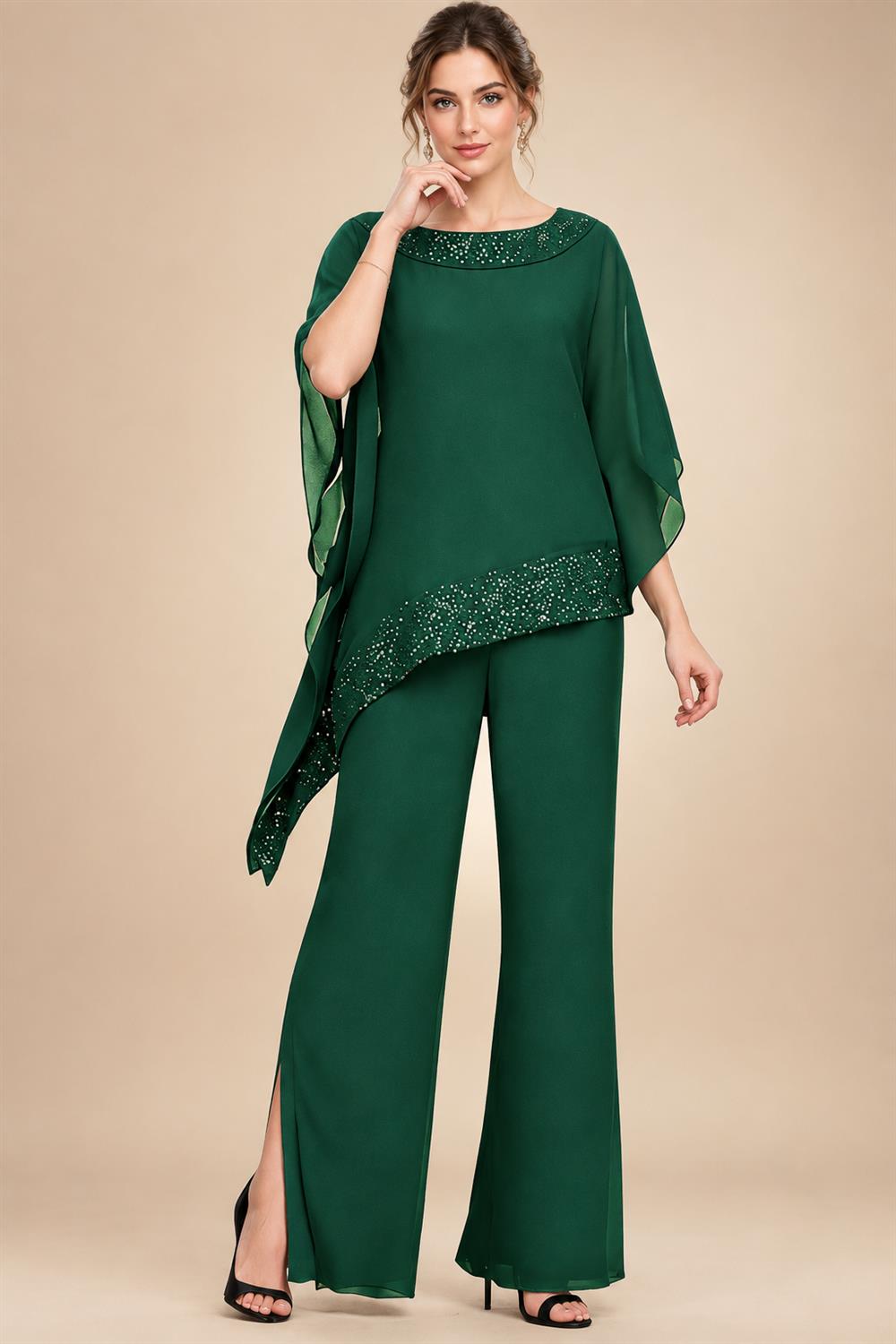 Pantsuits Separates Scoop Neck Sequins Asymmetrical Ankle-Length Mother of the Bride Dress with Slit (SHI22500132)