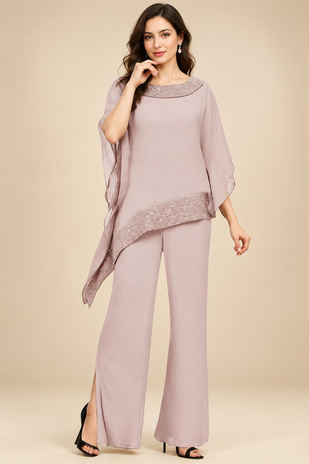 Pantsuits Separates Scoop Neck Sequins Asymmetrical Ankle-Length Mother of the Bride Dress with Slit (SHI22500132)
