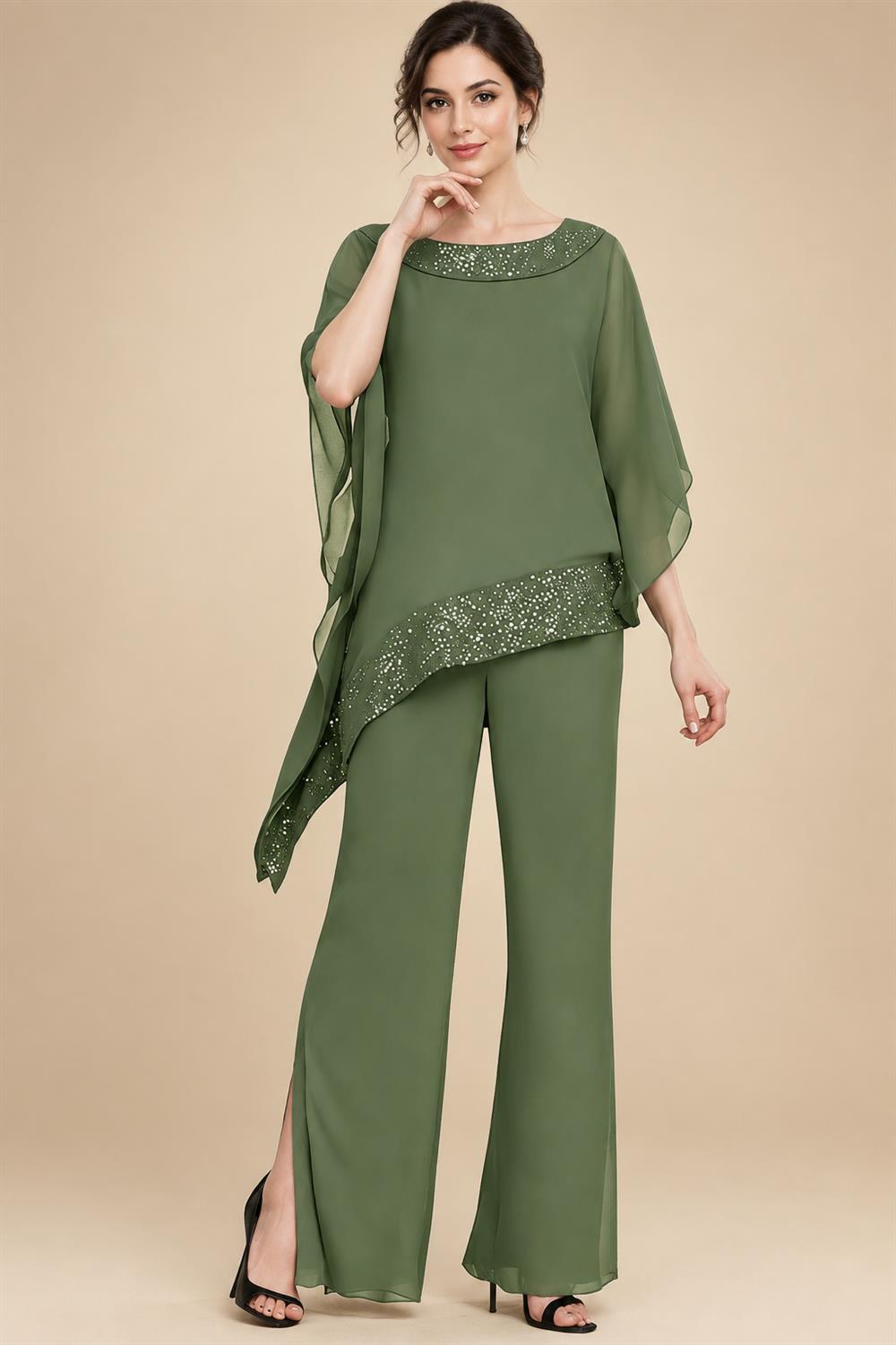 Pantsuits Separates Scoop Neck Sequins Asymmetrical Ankle-Length Mother of the Bride Dress with Slit (SHI22500132)
