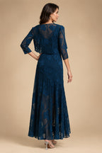 A-Line/Princess Scoop Illusion Lace Appliques Tea-Length Mother of the Bride Dresses with Pleated Ruffle (SHI22500105)