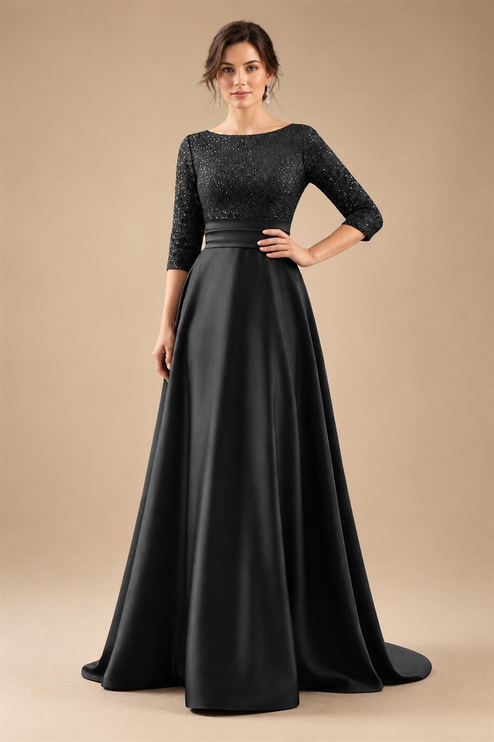 A Line Scoop 3/4 Sleeve Long Mixed Mother of the Bride Dresses with Sequins (SHI22500171)