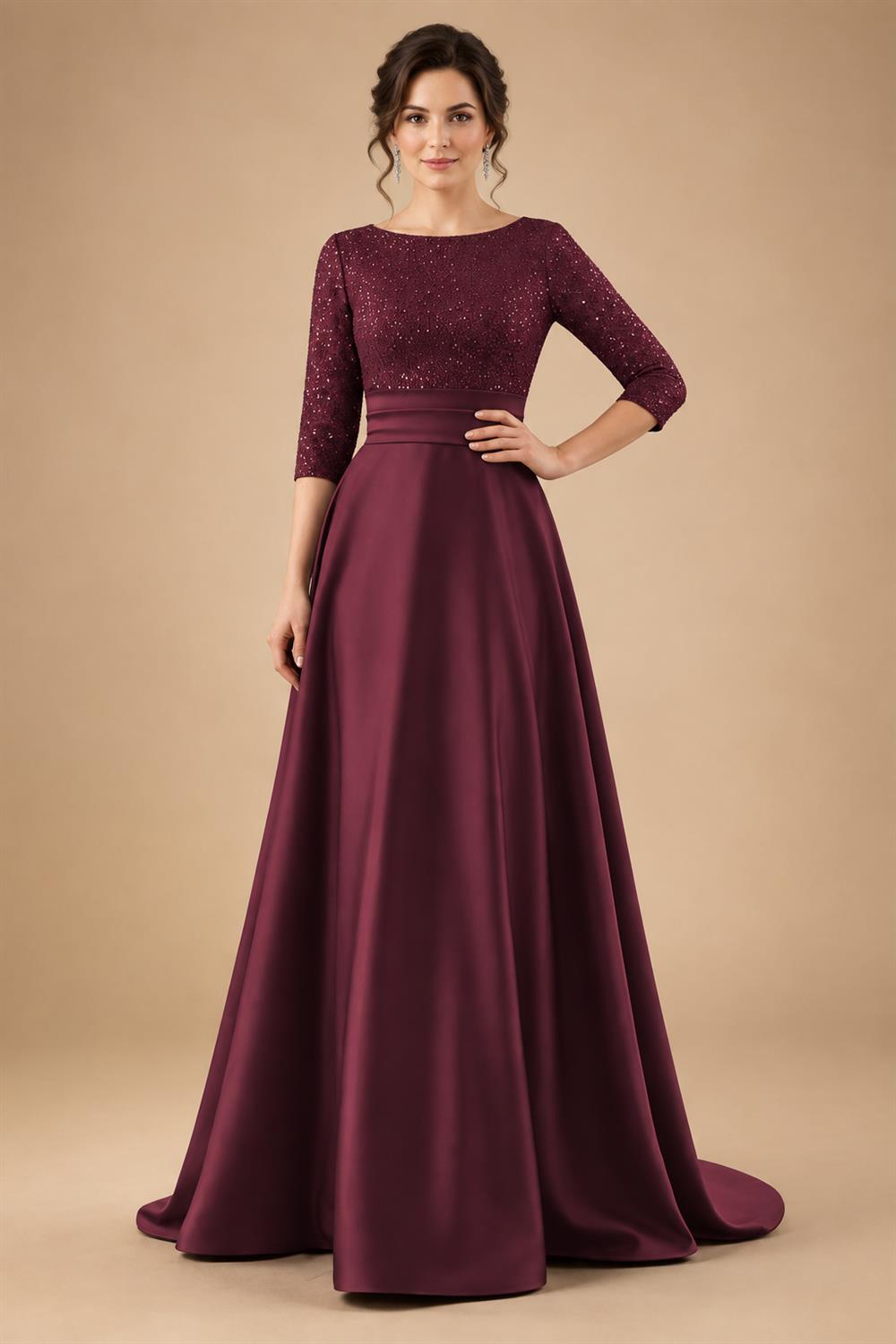 A Line Scoop 3/4 Sleeve Long Mixed Mother of the Bride Dresses with Sequins (SHI22500171)