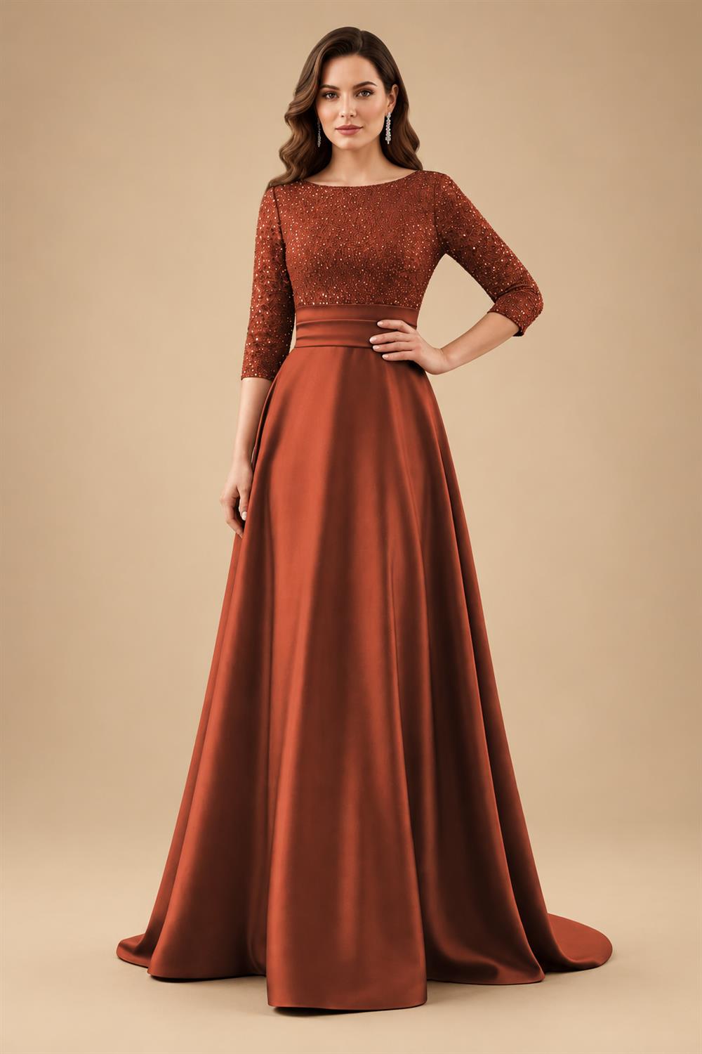A Line Scoop 3/4 Sleeve Long Mixed Mother of the Bride Dresses with Sequins (SHI22500171)