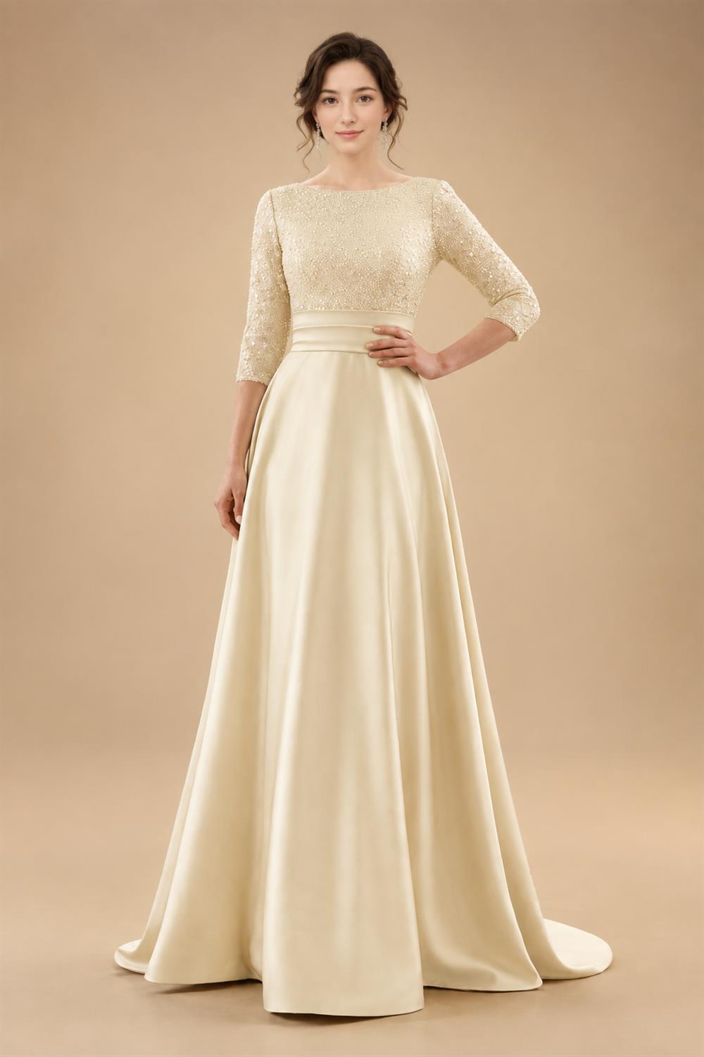 A Line Scoop 3/4 Sleeve Long Mixed Mother of the Bride Dresses with Sequins (SHI22500171)