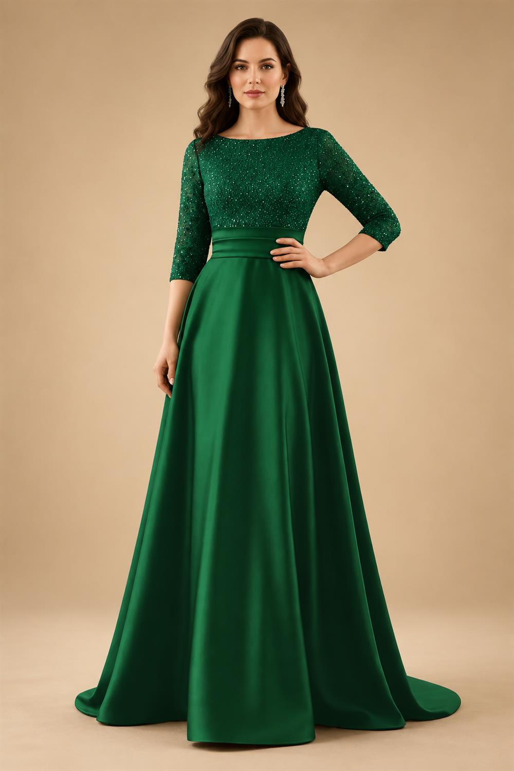 A Line Scoop 3/4 Sleeve Long Mixed Mother of the Bride Dresses with Sequins (SHI22500171)