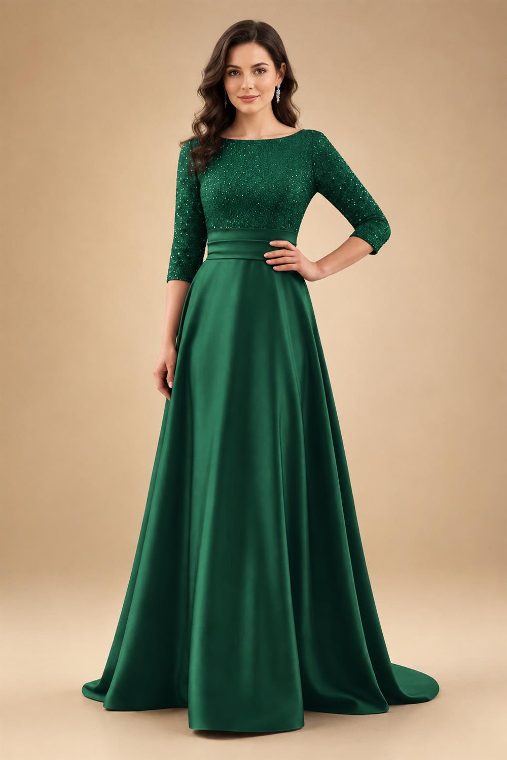 A Line Scoop 3/4 Sleeve Long Mixed Mother of the Bride Dresses with Sequins (SHI22500171)