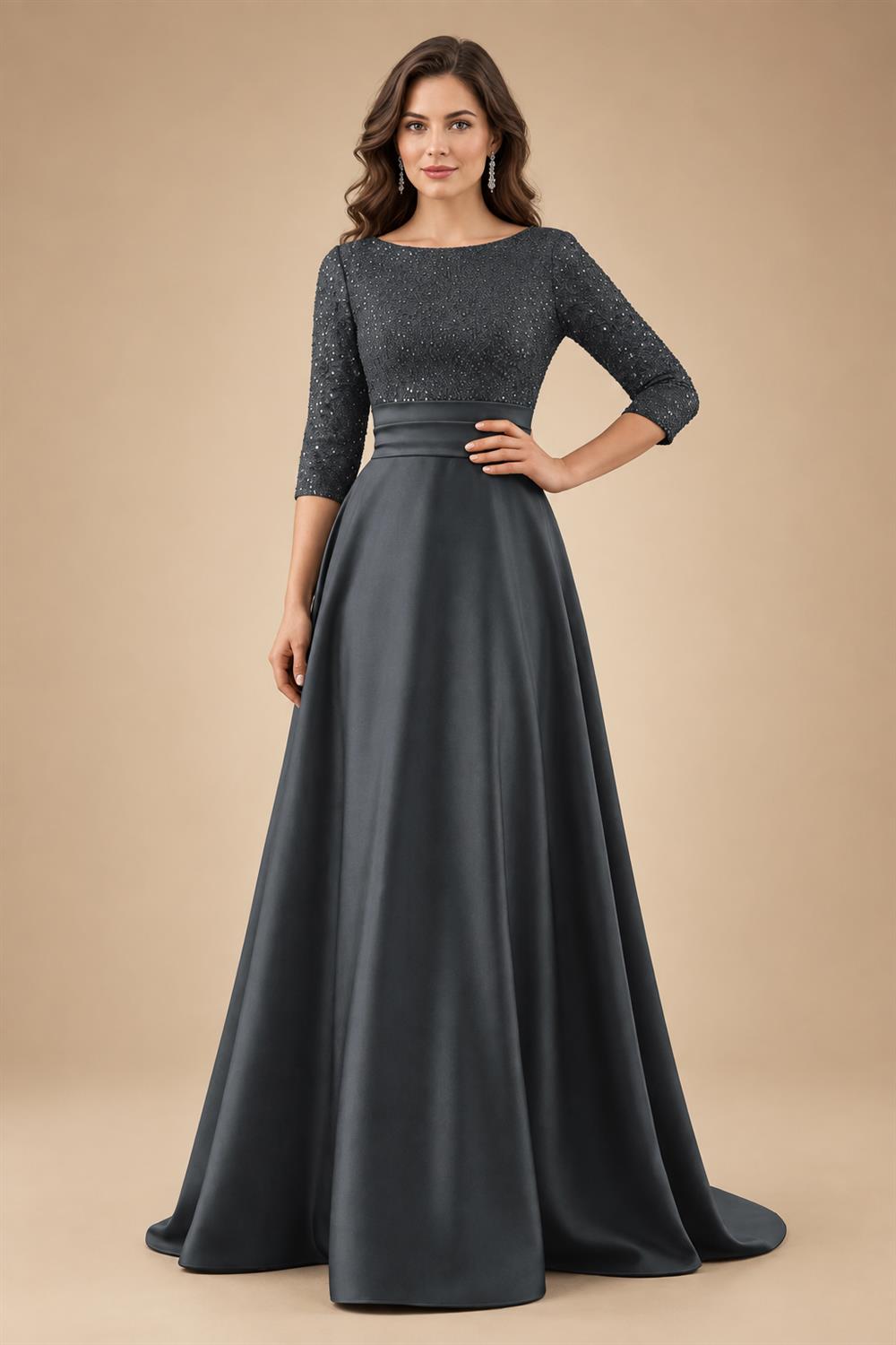 A Line Scoop 3/4 Sleeve Long Mixed Mother of the Bride Dresses with Sequins (SHI22500171)