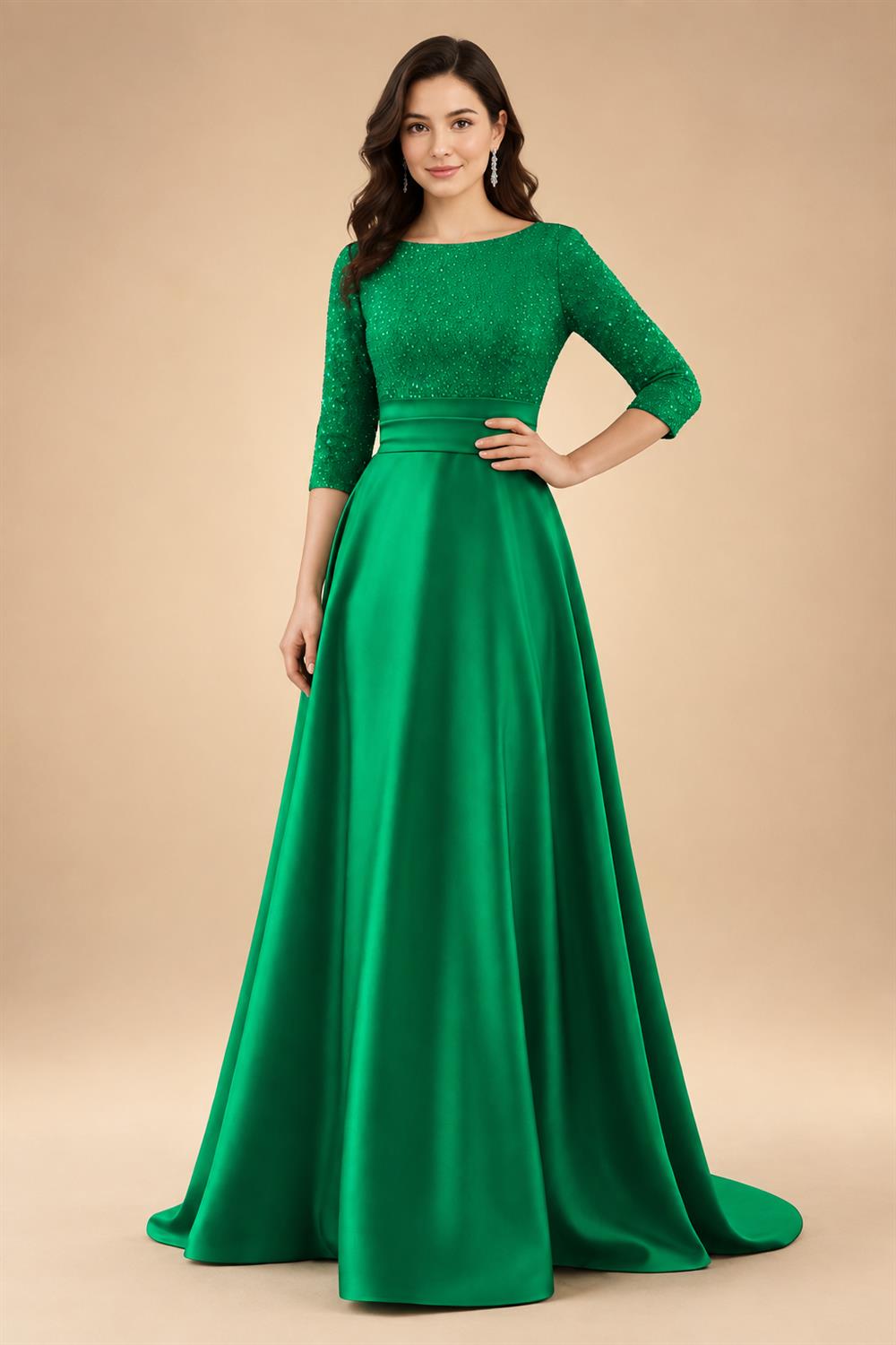 A Line Scoop 3/4 Sleeve Long Mixed Mother of the Bride Dresses with Sequins (SHI22500171)