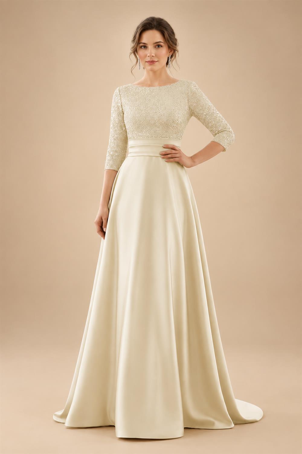 A Line Scoop 3/4 Sleeve Long Mixed Mother of the Bride Dresses with Sequins (SHI22500171)