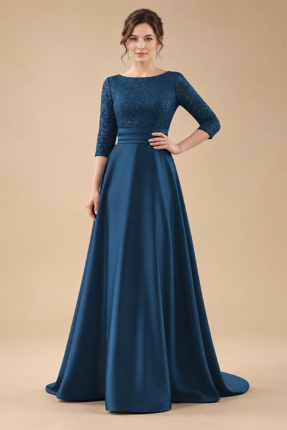 A Line Scoop 3/4 Sleeve Long Mixed Mother of the Bride Dresses with Sequins (SHI22500171)