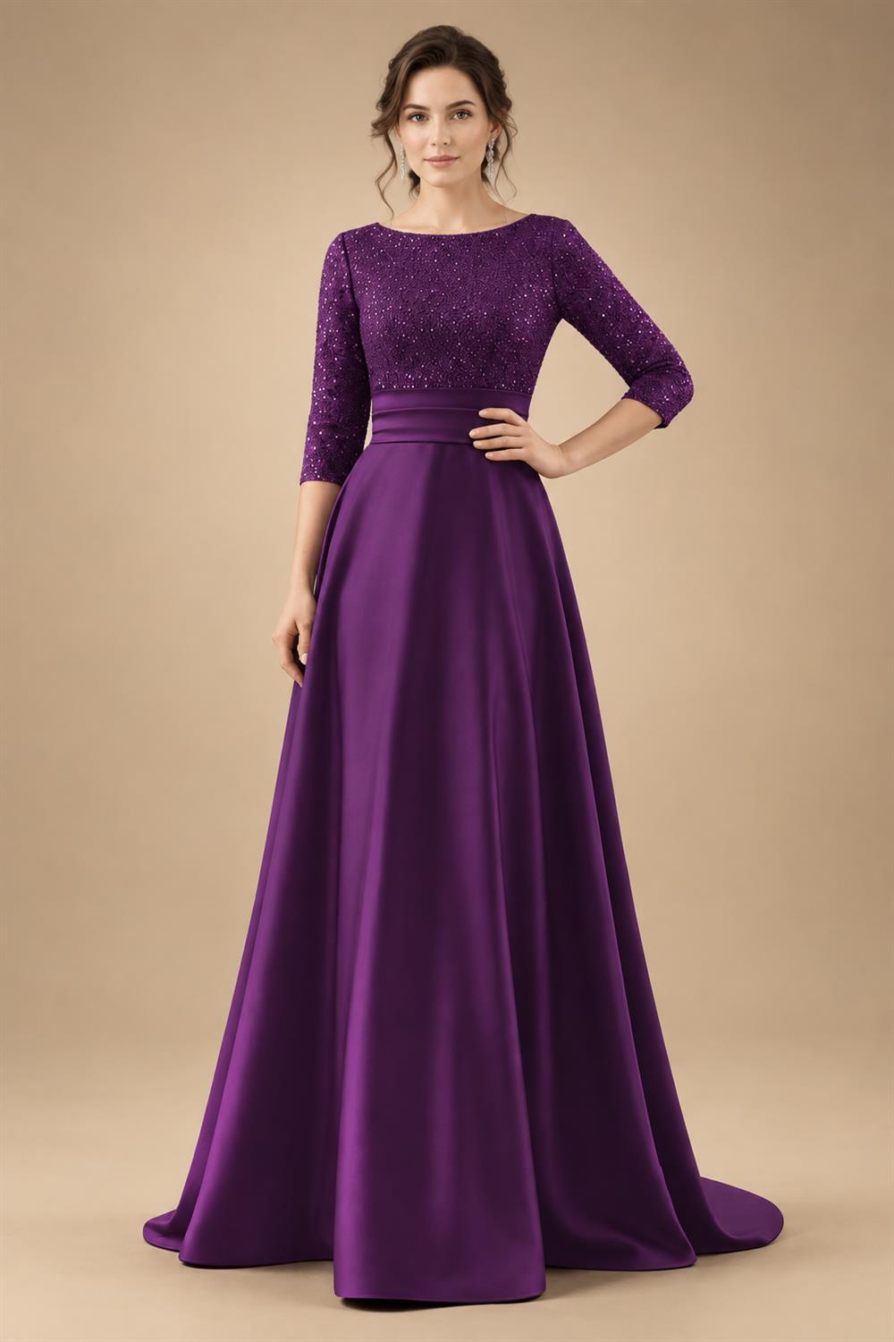A Line Scoop 3/4 Sleeve Long Mixed Mother of the Bride Dresses with Sequins (SHI22500171)