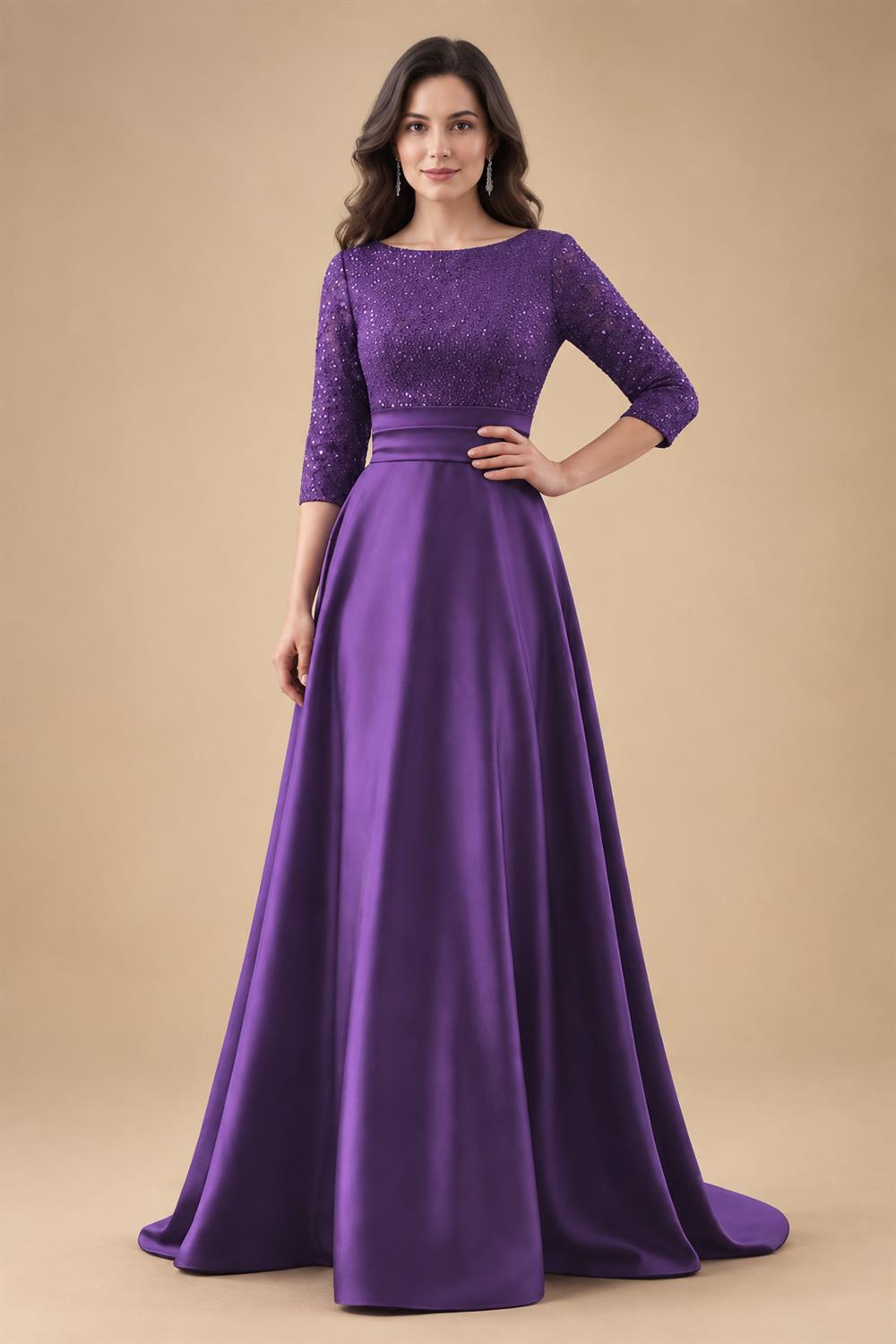 A Line Scoop 3/4 Sleeve Long Mixed Mother of the Bride Dresses with Sequins (SHI22500171)
