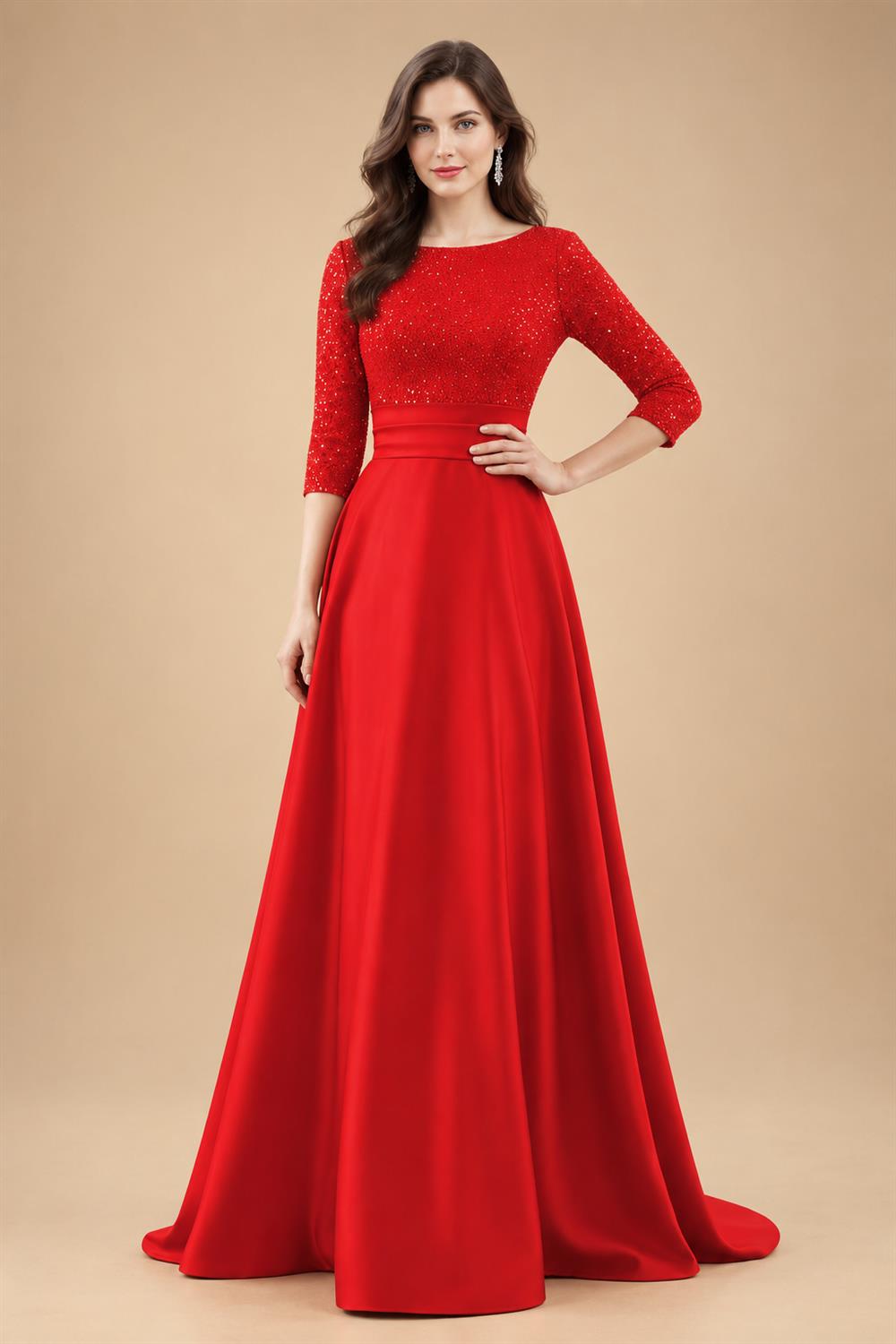 A Line Scoop 3/4 Sleeve Long Mixed Mother of the Bride Dresses with Sequins (SHI22500171)