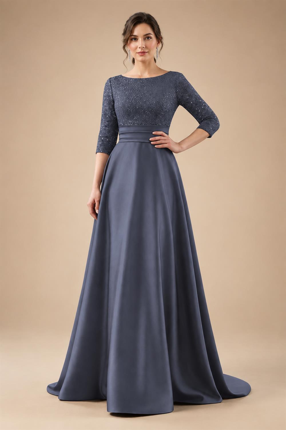 A Line Scoop 3/4 Sleeve Long Mixed Mother of the Bride Dresses with Sequins (SHI22500171)