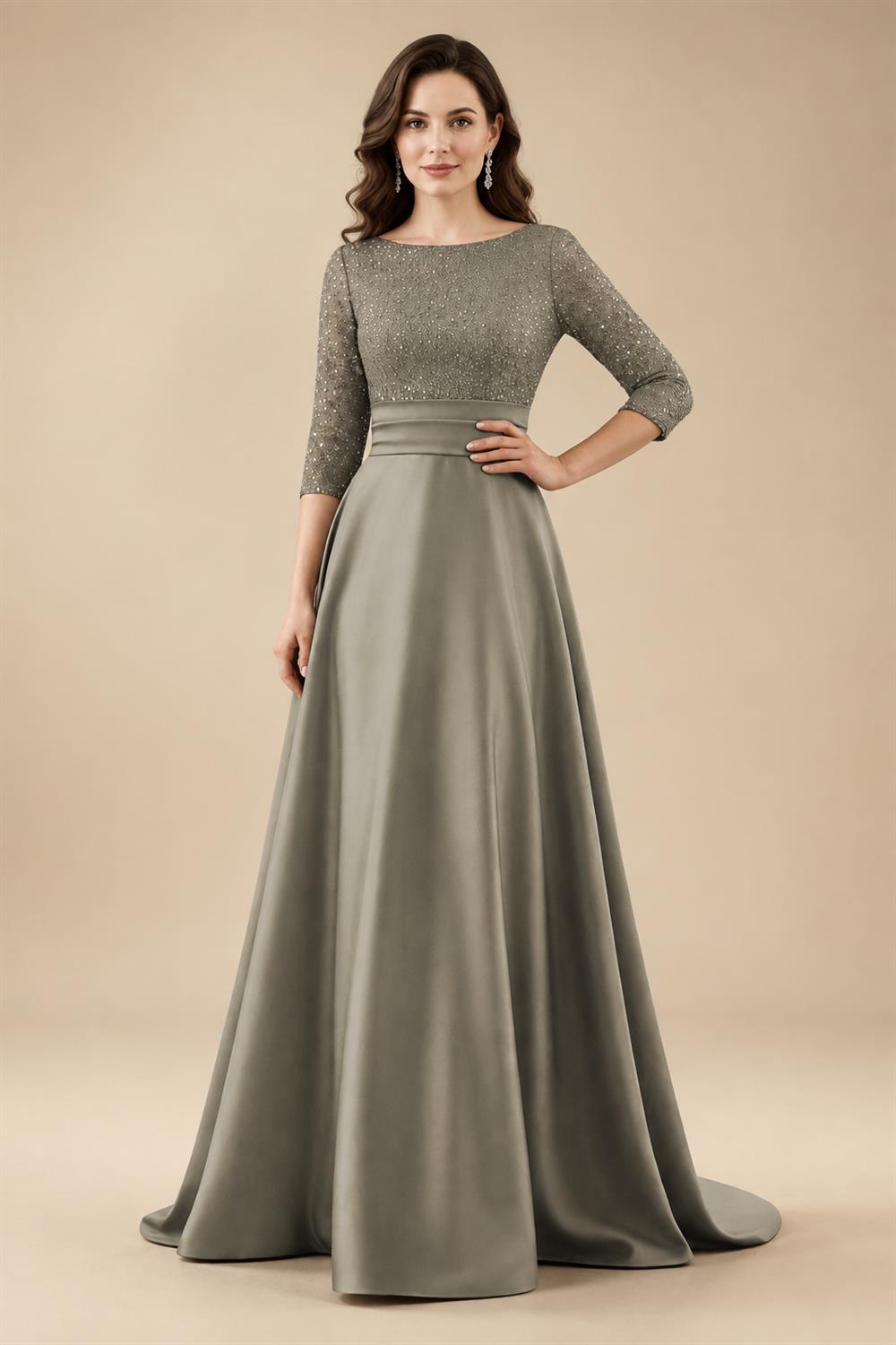 A Line Scoop 3/4 Sleeve Long Mixed Mother of the Bride Dresses with Sequins (SHI22500171)