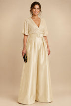 Jumpsuit V Neck Half Sleeve Long Sparkling Mother of the Bride Dresses with Belt (SHI22500201)