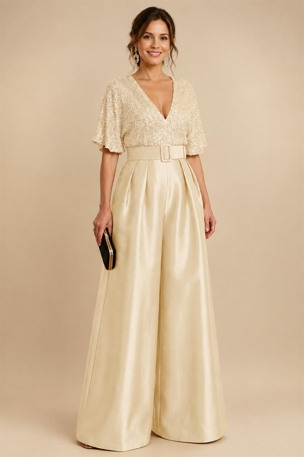 Jumpsuit V Neck Half Sleeve Long Sparkling Mother of the Bride Dresses with Belt (SHI22500201)