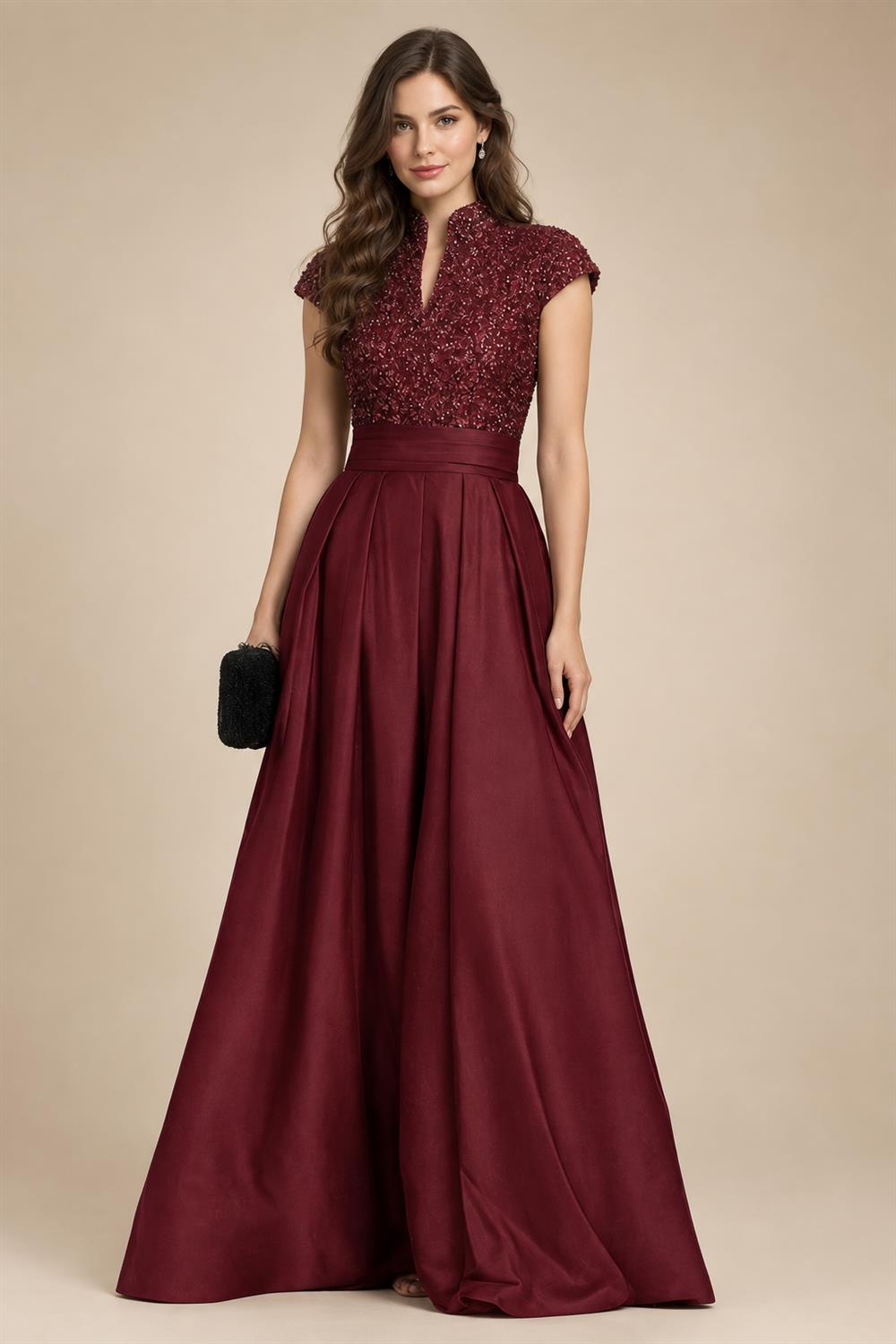 A Line/Princess Stand Collar Short Sleeve Long Elegant Mother of the Bride Dresses (SHI22500207)