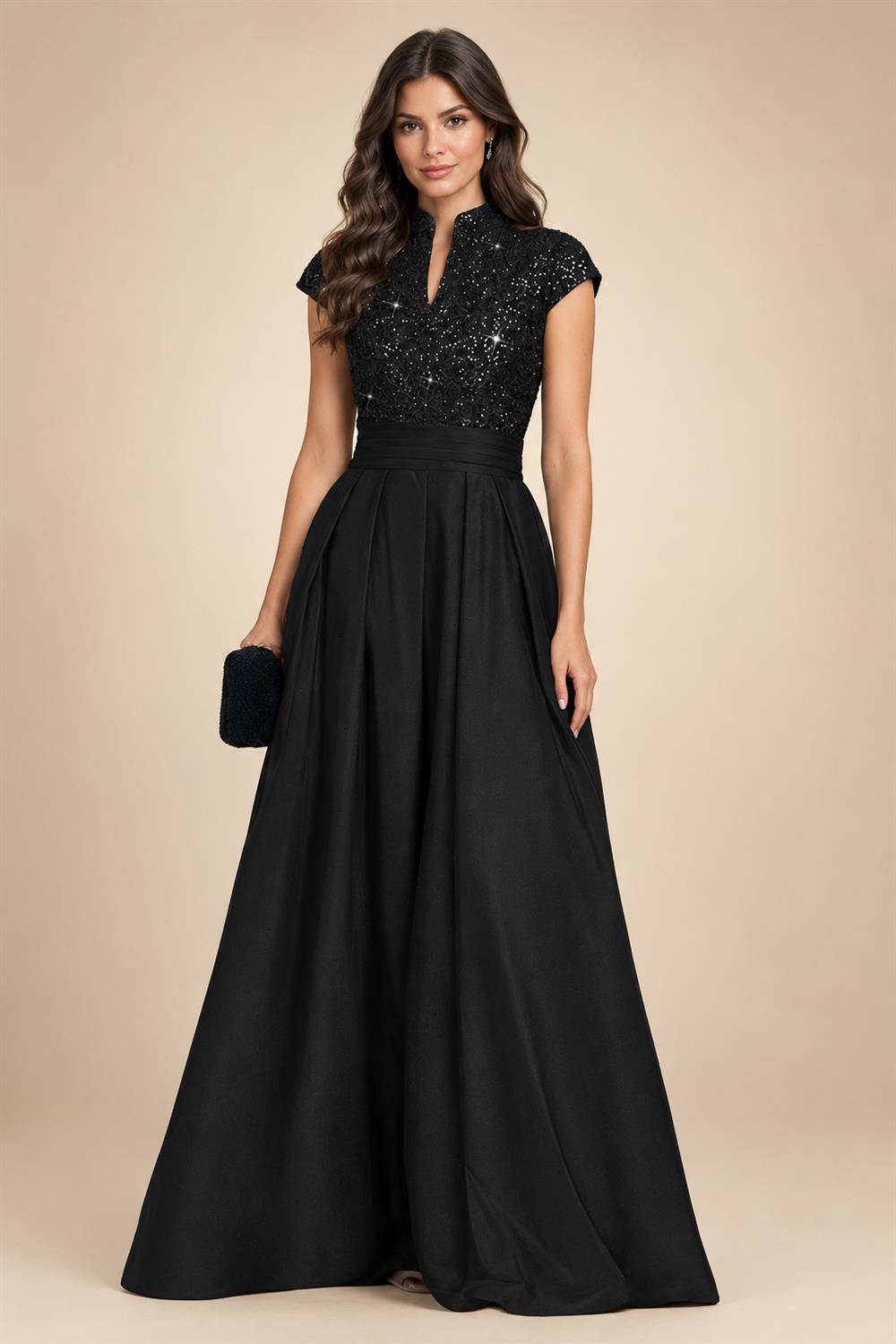 A Line/Princess Stand Collar Short Sleeve Long Elegant Mother of the Bride Dresses (SHI22500207)