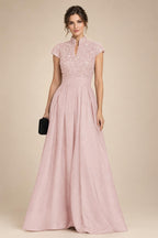 A Line/Princess Stand Collar Short Sleeve Long Elegant Mother of the Bride Dresses (SHI22500207)