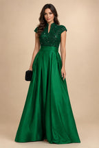 A Line/Princess Stand Collar Short Sleeve Long Elegant Mother of the Bride Dresses (SHI22500207)