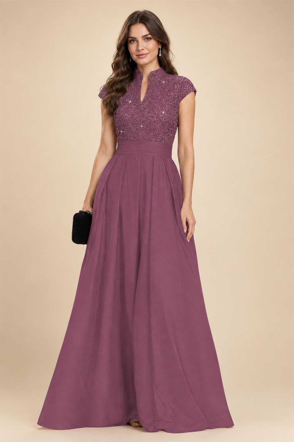A Line/Princess Stand Collar Short Sleeve Long Elegant Mother of the Bride Dresses (SHI22500207)