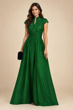 A Line/Princess Stand Collar Short Sleeve Long Elegant Mother of the Bride Dresses (SHI22500207)