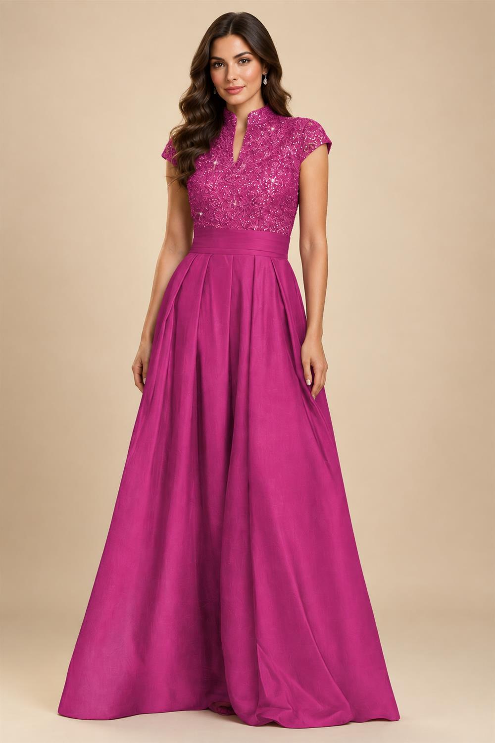 A Line/Princess Stand Collar Short Sleeve Long Elegant Mother of the Bride Dresses (SHI22500207)
