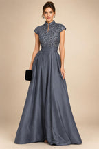 A Line/Princess Stand Collar Short Sleeve Long Elegant Mother of the Bride Dresses (SHI22500207)